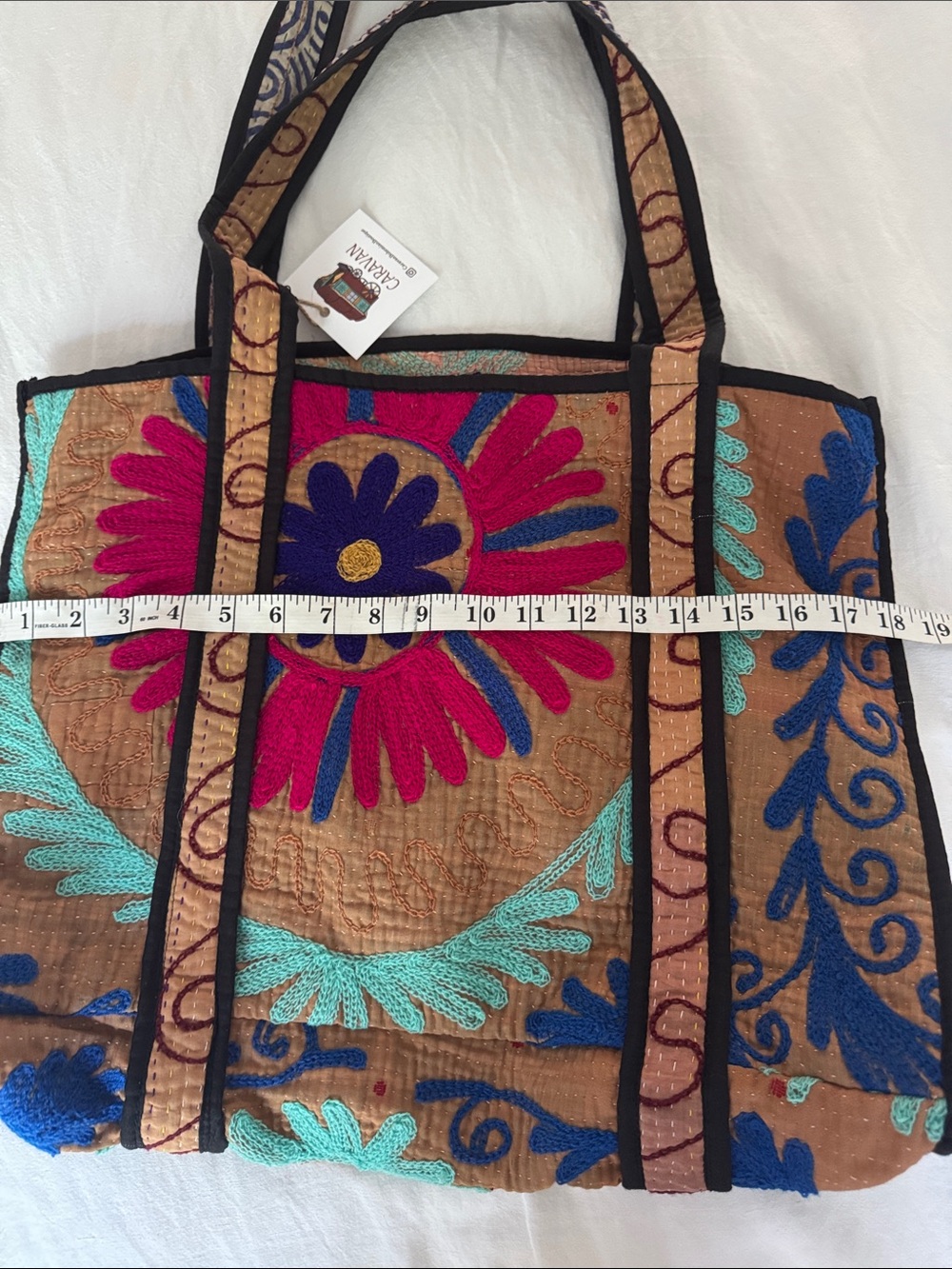Caravan Bohemian Boutique Boho Floral Embroidered Tote Bag in Brown and Teal - Picture 9 of 11